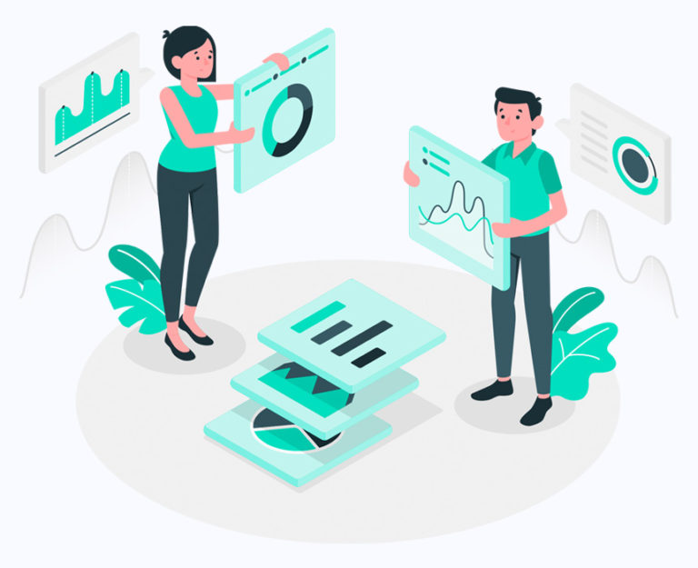Stylized illustration that shows two people holding charts and graphs